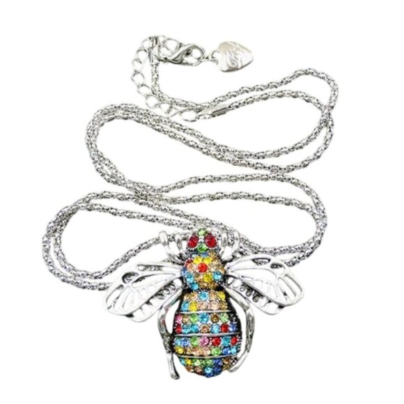 Betsey Johnson Necklace Multicolor Crystal Bee Pendant Silver Tone - Picture 1 of 2